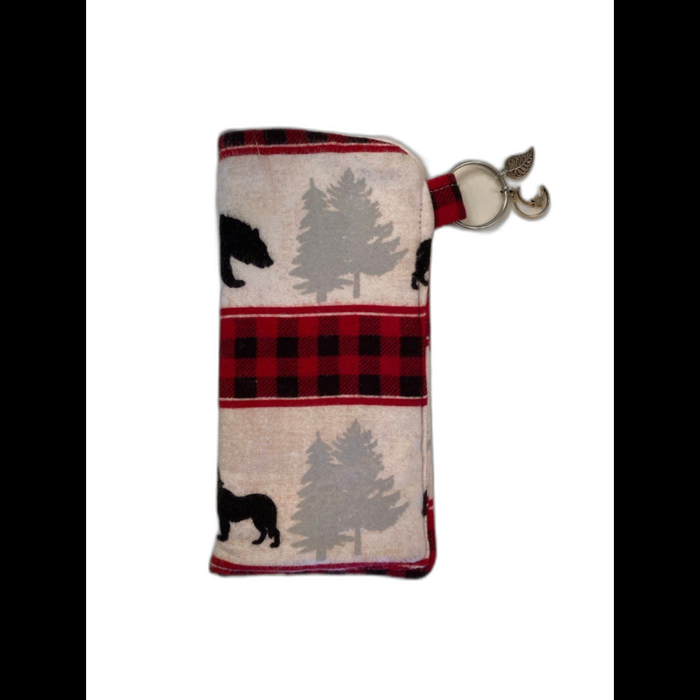 Eyeglass Case Distressed Flannel‎ Look w/  Leaf & Moon Charms on Keyring Plaid